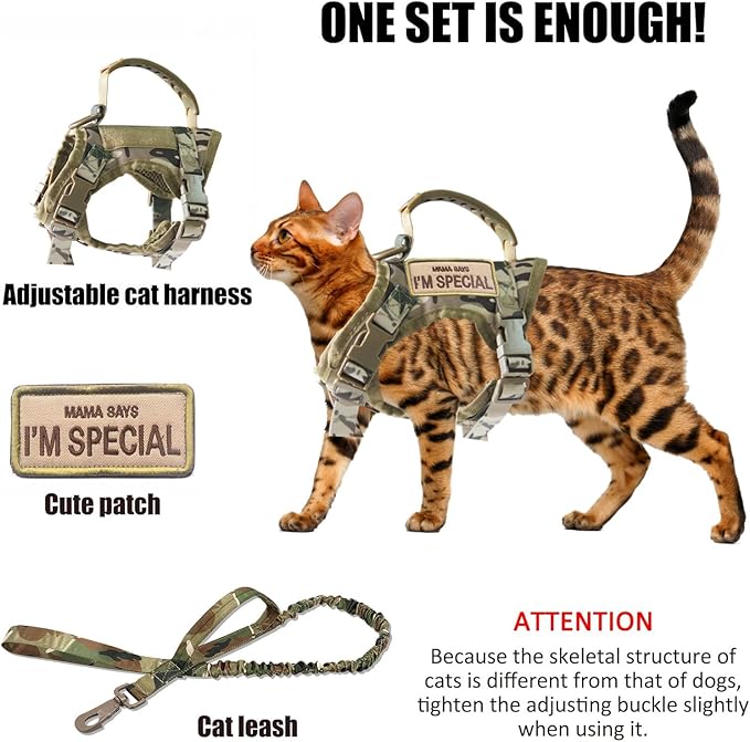 Tactical Cat Harness for Walking Escape Proof, Adjustable Pet Vest Harness, Soft Mesh with Control Handle for Large Cat Small Dog, Gift with Patch (Camouflage, cat Harness and Leash Set)