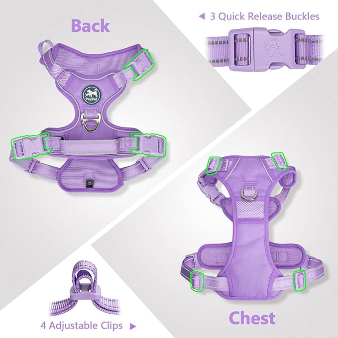 PoyPet No Pull Dog Harness, No Choke Reflective Dog Vest, Adjustable Pet Harnesses with Easy Control Padded Handle for Small Medium Large Dogs(Light Purple Matching Trim,S)