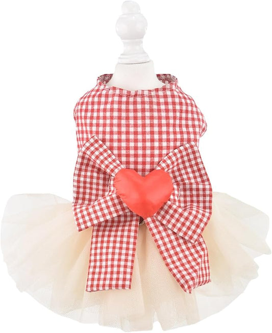 FLAdorepet Dog Dress with Leash Ring,Holiday Dog Clothes Love Heart Tulle Pet Dresses for Small Dogs Girls Party Outfit Puppy Cats Apparel(Red Heart, X-Small)