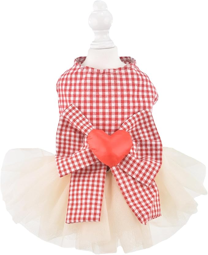 FLAdorepet Dog Dress with Leash Ring,Holiday Dog Clothes Love Heart Tulle Pet Dresses for Small Dogs Girls Party Outfit Puppy Cats Apparel(Red Heart, Large)