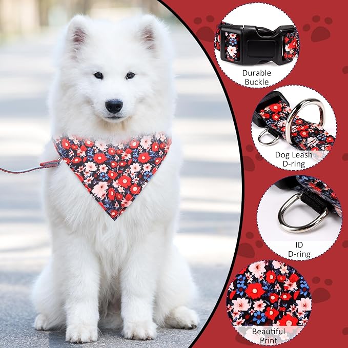 Dog Collars and Bandanas - Soft Adjustable Fancy Floral Boys Girls Puppy Collar for Small Medium Large Dogs.