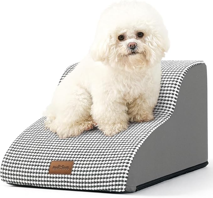 Dog Stairs for Small Dogs 11.8" H, Pet Step with Leakproof Cover, High Density Foam Cat Ramp for Chair or Sofa, Lightweight, Durable, Comfort, 15.7x19.7x11.8 inch, 2 Tiers, White Black