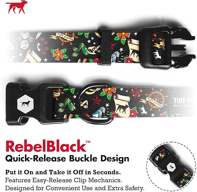 Tuff Pupper Premium Adjustable Dog Collar for Large Boy Dogs, Stylish Pattern Collars Designed in USA, Quick Release Buckle, RebelBlack Print for Male Dogs, Large (1 Inch Wide x 18-26 Inch Neck)