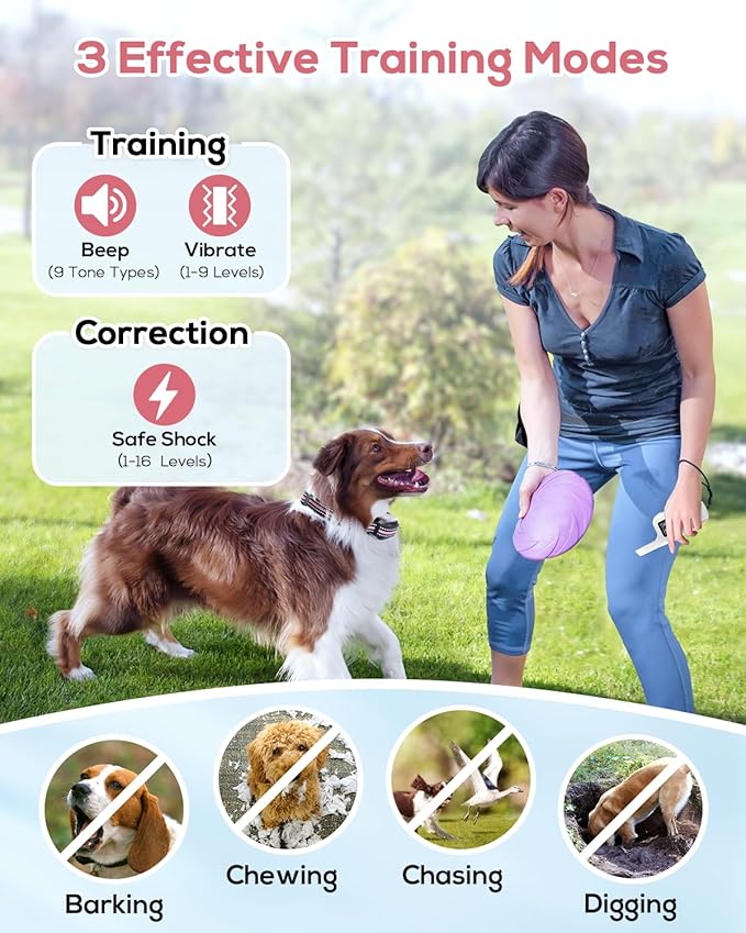 Dog Shock Collar for 2 Dogs (5-120lbs) 3300FT Dog Training Collar with Remote, Rechargeable E-Collar Waterproof Collars with 3 Training Modes for Large Medium Small Dog-Pink