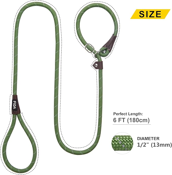 Fida Durable Slip Lead, 6 FT x 1/2" Heavy Duty Loop Leash, Comfortable Strong Rope for Large, Medium Dogs, No Pull Pet Training With Highly Reflective, Green
