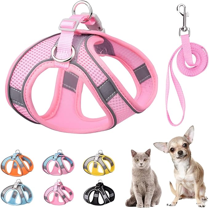 Soft Small Dog Harness and Leash Set Mesh Puppy Harnesses Leash Easy Walk Dog Vest Adjustable Reflective No Pull Dogs Harnesses for Small Dogs Cats (Pink, M)