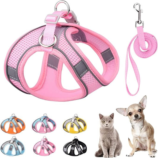 Soft Small Dog Harness and Leash Set Mesh Puppy Harnesses Leash Easy Walk Dog Vest Adjustable Reflective No Pull Dogs Harnesses for Small Dogs Cats (Pink, M)