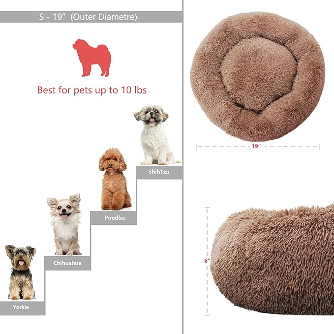 nononfish Small Puppy Beds for Small Dogs Washable - 19 Inches Round Faux Fur Pet Bed for Puppy and Cat Donut Fluffy Plush Orthopedic Doggy Beds Relief Improved Sleeping,Camel