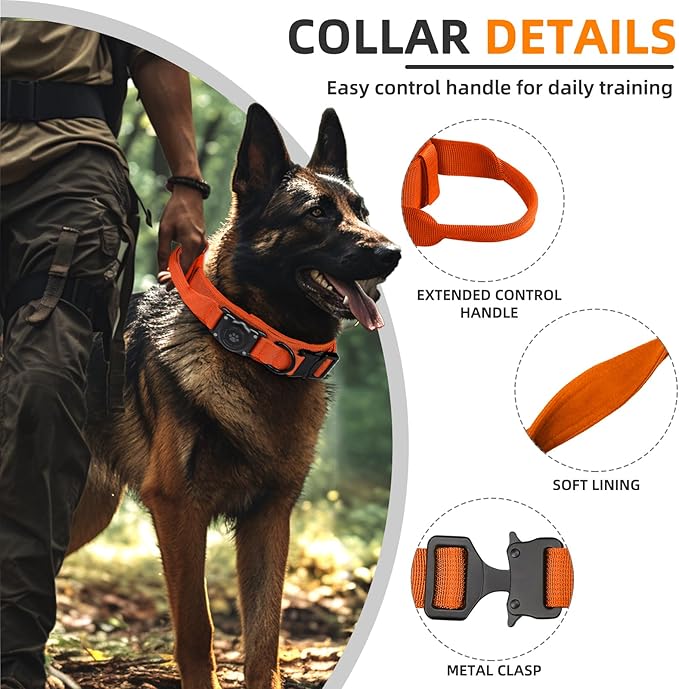 Tactical AirTag Dog Collar, 100% Waterproof Integrated Apple Air Tag Dog Collars with Hard PC AirTag Holder, Adjustable Military Collar with Handle, GPS Dog Collar for Medium Large Dog (Orange, M)