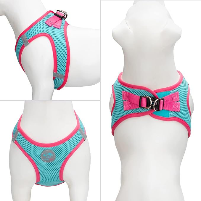 PHOEPET Step-in Dog Harness,Reflective Adjustable Dog Vest Harness, Soft Pet Walking Jacket with 2 Metal Leash Hooks for Dog and Cat(Mint Green Base & Pink Straps,XS)