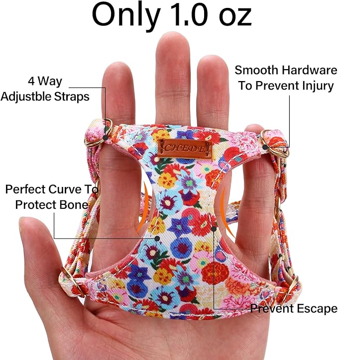 CHEDE No Pull Floral Pattern Dog Harness- Lightweight and Soft Dog Harness, Adjustable Small Dog Harness and Leash Set, with Dog Leash, Suitable for Puppy Small and Medium-Sized Dog