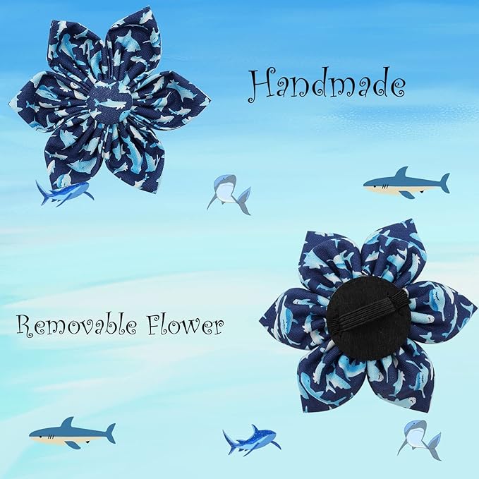 Elegant little tail Dog Collar with Flower - Shark Print Dog Collar Durable Cute Flower Collar Adjustable Dog Collar for Large Dog