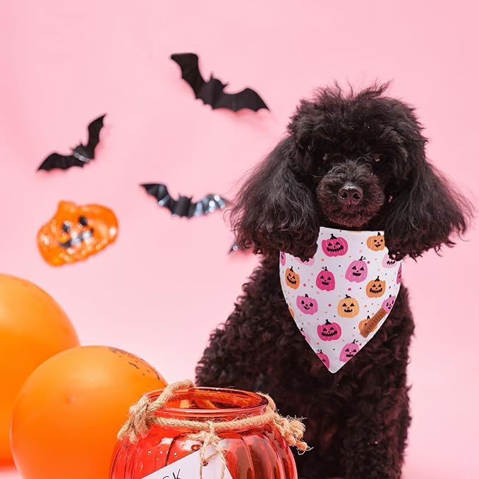 ADOGGYGO Halloween Dog Bandana, Pink Pumpkin Ghost Pet Scarf, Premium Durable Fabric, Adjustable Fit Female Halloween Bandanas for Small Dogs Puppies Cats (Small)