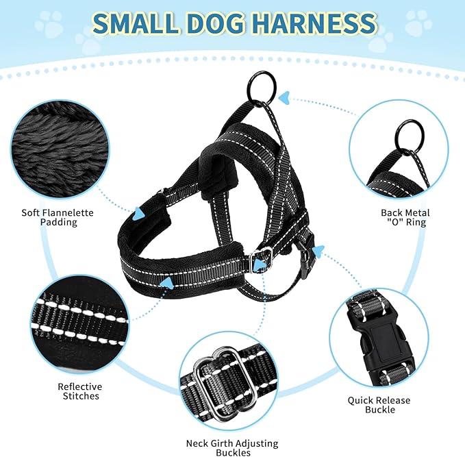 SlowTon No Pull Small Dog Harness and Leash Set, Puppy Soft Vest Harness Neck & Chest Adjustable, Reflective Lightweight Harness & Anti-Twist Pet Lead Combo for Small Medium Dogs (Black, S)