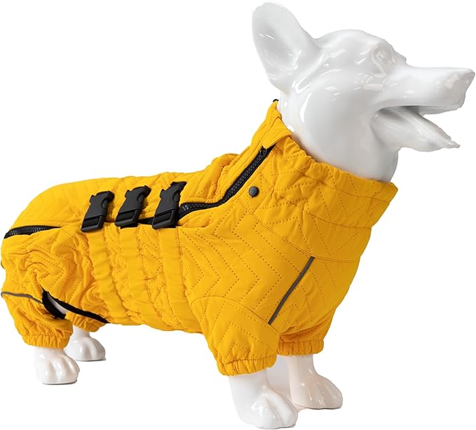Lovelonglong Warm Dog Coat Double Layers Dog Vest, 4 Legs Covered Windproof Waterproof Reflective Warm Dog Vest Outdoor Skating Dog Costume for Corgis Dachshund Dog Yellow D-M