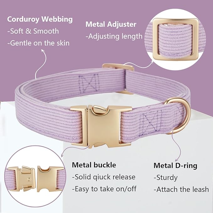 Soft Corduroy Dog Collar and Leash Set, Adjustable Cotton Dog Collars with Metal Buckle and Lead for Large Dogs,Lilac