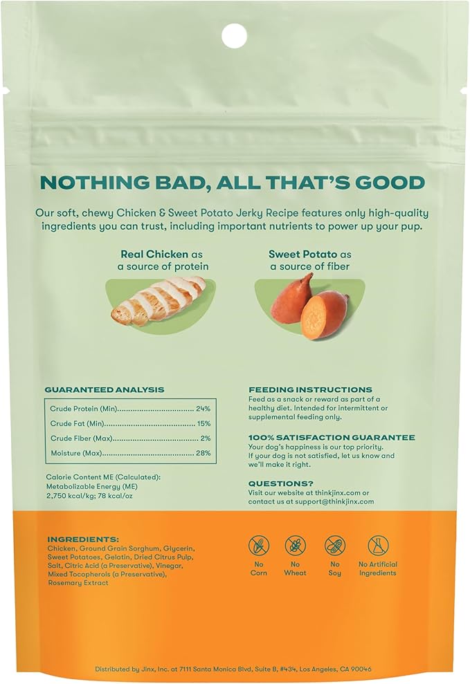 Jinx Tenders Chicken Jerky Dog Treats, All Natural Ingredients, Soft & Chewy, Low-Calorie, Slow-Smoked Chicken & Sweet Potato, No Fillers, 5oz