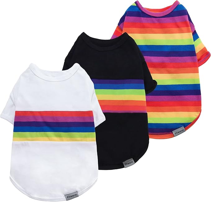 Fitwarm 3 Pack Rainbow Striped Dog Shirt, Dog Summer Clothes for Small Dogs Boy Girl, Breathable Lightweight Pet Tshirt with Sleeves, Cat Outfit, White, Black, Multicolored, XXL