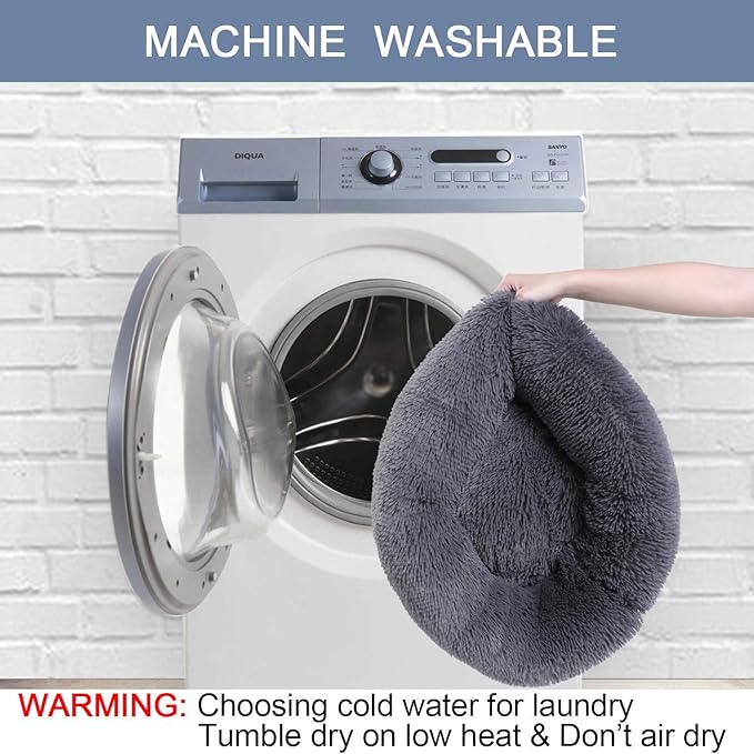 Dog Calming Beds for Small Medium Large Dogs - Round Donut Washable Puppy Dog Bed, Anti-Slip Faux Fur Fluffy Donut Cuddle Anxiety Cat Pet Bed(20" Dark Grey)