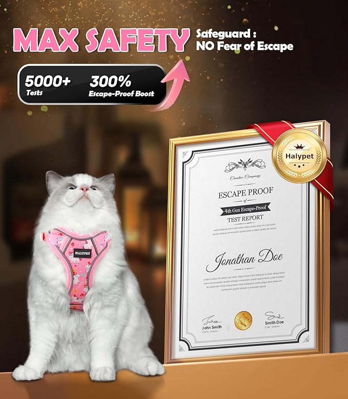 Halypet Cat Harness and Leash Set[MAX Safety 4th-Gen] Cute Escape Proof Vest Harness for Girl&Boy Cat Walking, Comfortable Adjustable Leash and Reflective Strips for Outdoor Kitten, XS Pink Unicorn