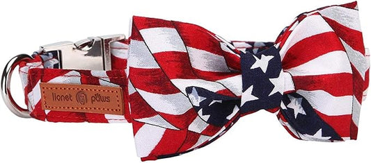 Lionet Paws Patriotic Dog and Cat Collar with Bowtie, 4th of July, Soft and Comfortable, Adjustable Collar for Puppies and Cats, Neck 7-11 inches