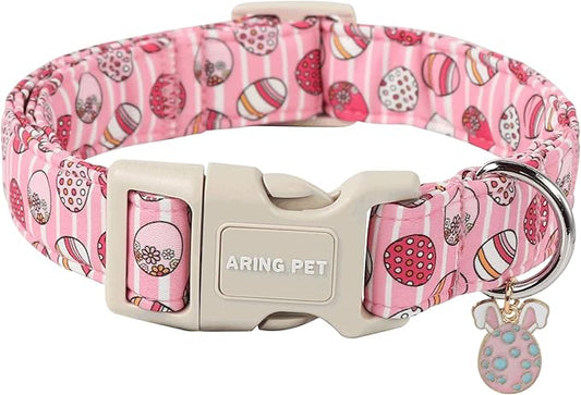 ARING PET Dog Collar - Cute Pink Striped Collar with Easter Eggs, Adjustable Quick Release Buckle for Girl & Boy Dogs