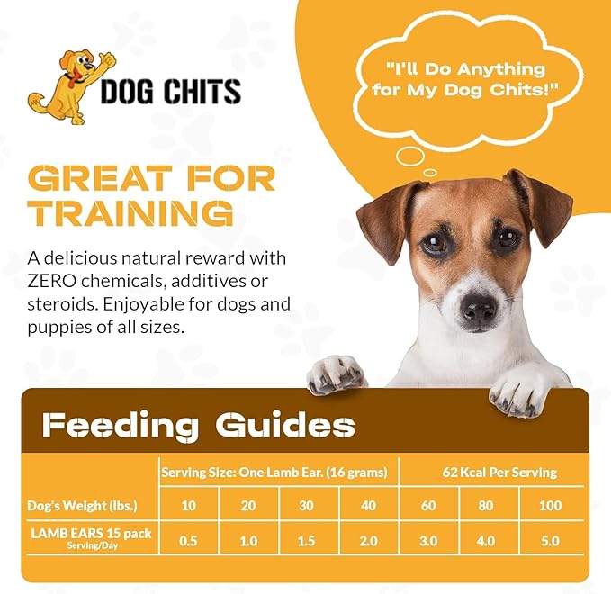 Dog Chits Lamb Ears for Dogs - Dog and Puppy Chews | 15 Pack | Made in USA | All Natural Treats | Boiled and Baked with Nothing Added | Long Lasting Chew | Great for Dental Health | Low Odor
