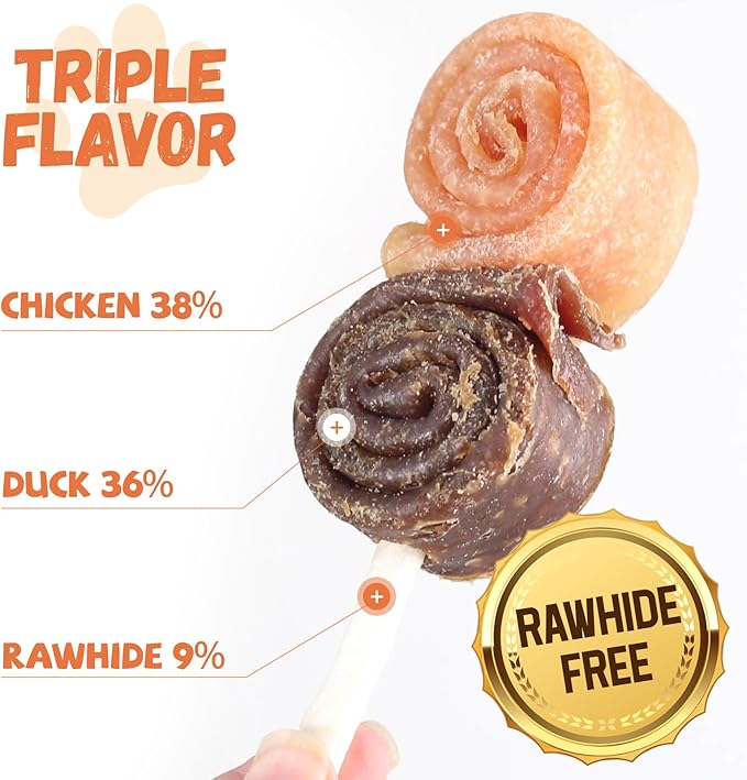 Dog Treats Large Breed, Chicken Duck Big Roll with Rawhide Stick, Healthy and Chews Long Lasting High Protein Training Treats, Triple Flavor Chewy Snacks for Medium Large Dogs 4 Counts