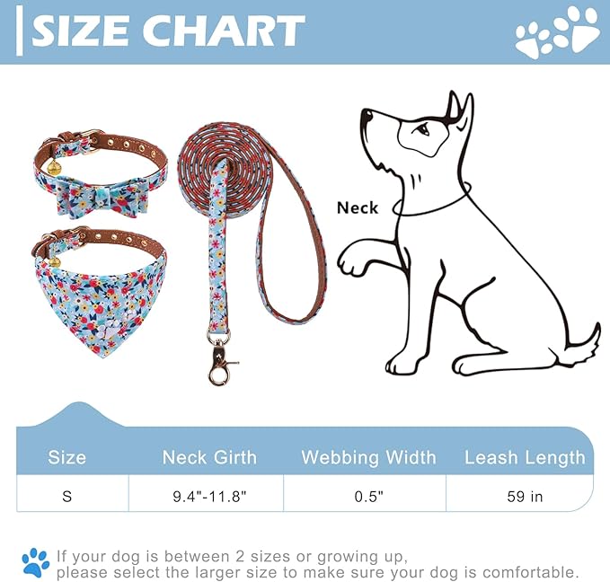 EXPAWLORER Puppy Collar and Leash Set - Embroidery Floral With Cute Flower Bow Tie, Bandana and Bell for Dogs Cats Outdoor Walking, Blue S