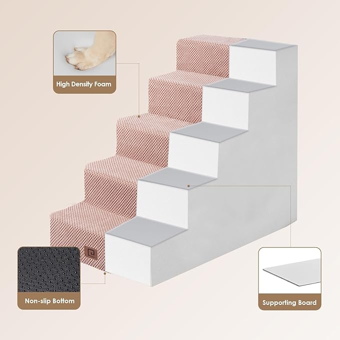 EHEYCIGA Dog Stairs for High Bed 22.5”H, 5-Step Dog Steps for Bed, Pet Steps for Small Dogs and Cats, Non-Slip Balanced Pet Ramp Indoor, Pink