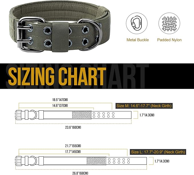 OneTigris Military Adjustable Dog Collar with Metal D Ring & Buckle 2 Sizes (Ranger Green, M)
