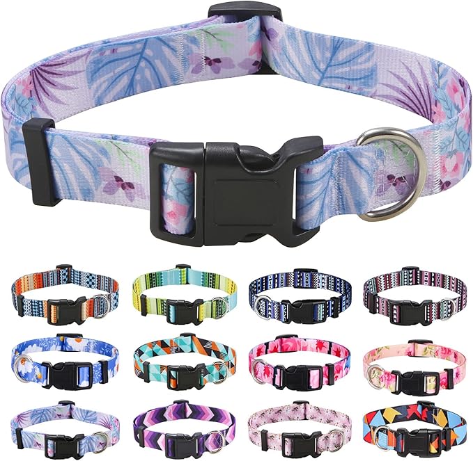 Dog Collar with Bohemia Floral Tribal Geometric Patterns - Soft Ethnic Style Collar Adjustable for Small Medium Large Dogs (Purple Flower, L