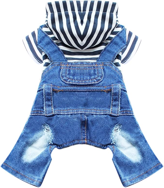 Small Dog Hoodie Clothes Cute Stripe Shirts Denim Jumpsuit One-Piece Outfit for Small Medium Dogs Cats Boy Girl Chihuahua Blue Jeans Overalls Puppy Costume (Blue,L)