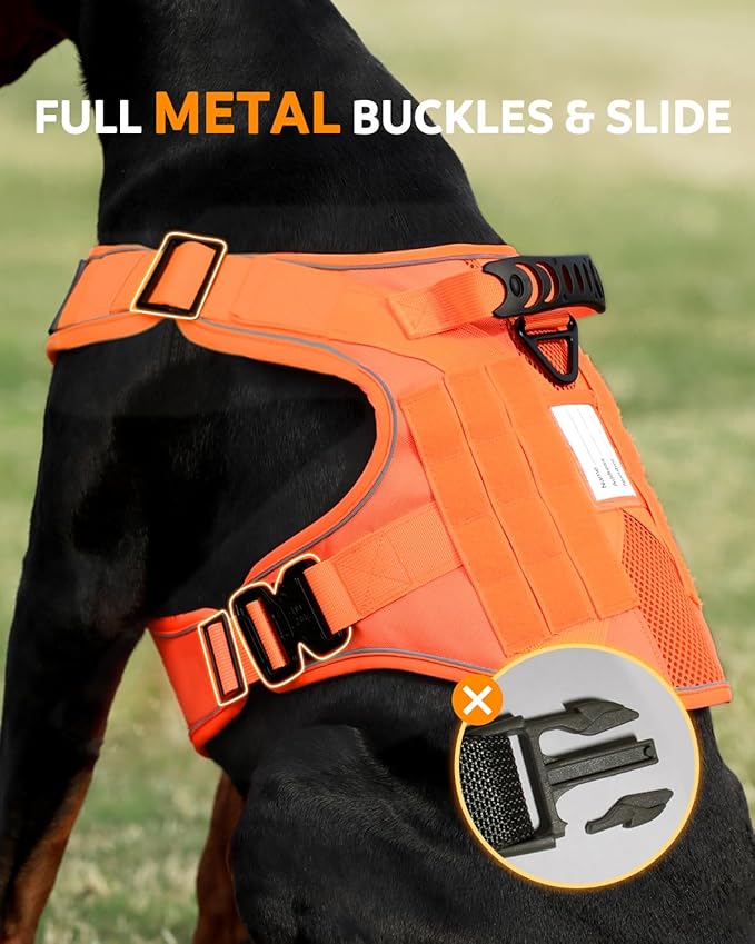 Reflective Service Dog in Training Vest Harness for Medium Large Dogs, Metal Buckles Front Clip Comfort Padded Adjustable Orange Dog Harness with Do Not Pet Patches for Training Walking