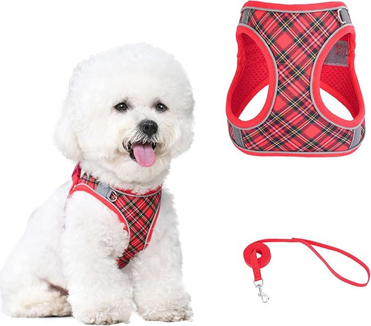 No Pull Dog Harness and Leash Set for Extra-Small Dogs Puppy Cats Ajustable Classic Plaid Dog Vest Harness Soft Mesh Reflective Step-in Harness Escape Proof for Walking Red XS