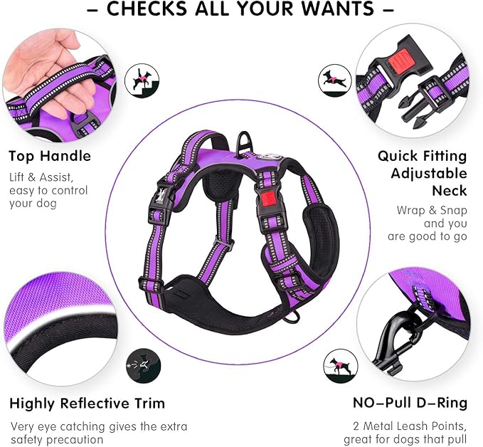 PoyPet No Pull Dog Harness, [Release on Neck] Reflective Adjustable No Choke Pet Vest with Front & Back 2 Leash Attachments, Soft Control Training Handle for Small Medium Large Dogs(Purple,S)