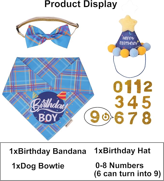 ADOGGYGO Dog Birthday Party Supplies, Blue Birthday Boy Puppy Bandana, Bowtie, Numbers, Party Hat for Small Dogs (Small)