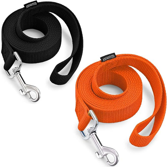 AMAGOOD 6 FT Puppy/ Dog Leash, Strong and Durable Traditional Style Leash with Easy to Use Collar Hook, Great for Small, Medium and Large Dogs (1" x 6 ft, Black and Orange (2-Pack))