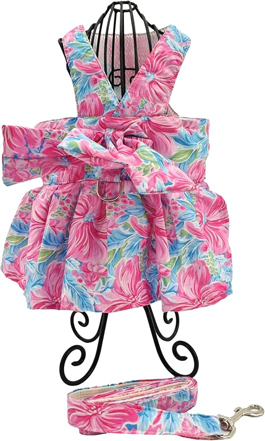 Dog Dress Bow Tie Harness Leash Set Harness Dress for Small Dogs Cute Dog Pet Girl Puppy Summer Clothes for Female Bunny Clothes Yorkie Chihuahua Training Walking (X-Small, PawtyTime)