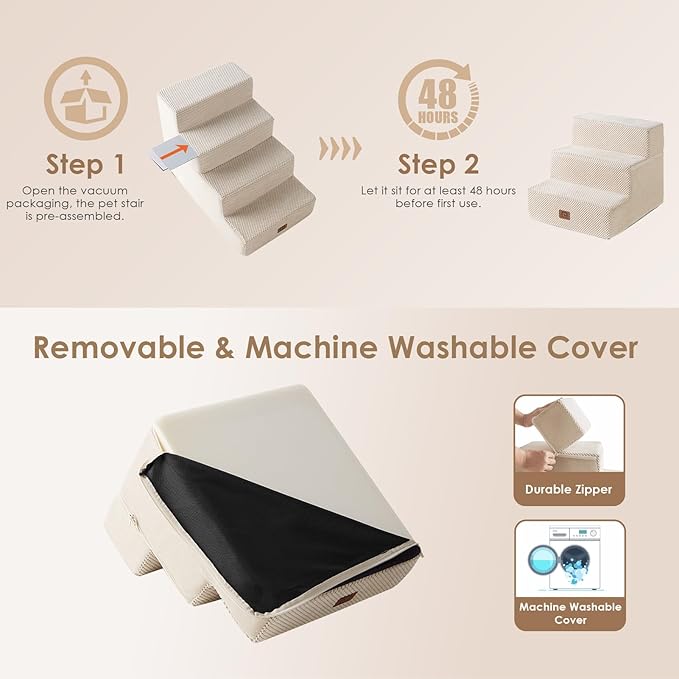 EHEYCIGA Dog Stairs for Small Dogs 13.5" H, 3-Step Dog Steps for Couch Sofa and Chair, Pet Steps for Small Cats, Non-Slip Balanced Pet Ramp Indoor, Beige