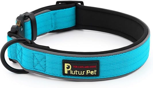 Plutus Pet Tactical Dog Collar, Reflective, Adjustable Heavy Duty Dog Collar, Soft Padded and Comfortable, for Small Medium and Large Dogs (Cyan, L)