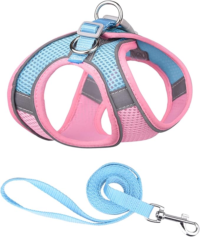 Soft Small Dog Harness and Leash Set Mesh Puppy Harnesses Leash Easy Walk Dog Harness Vest Adjustable Reflective No Pull Dog Harnesses for Small Dogs Cats (Pink Blue,XXS)