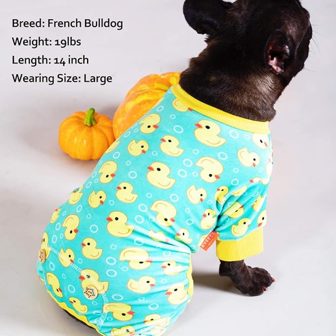 KYEESE Dog Pajamas Stretchy Pet Jammies Coat Comfy Pet Onesie Costume Velvet Dog Pajamas Small Sized Dogs Soft Dogs Clothes Pjs with Yellow Ducks Pattern, Large