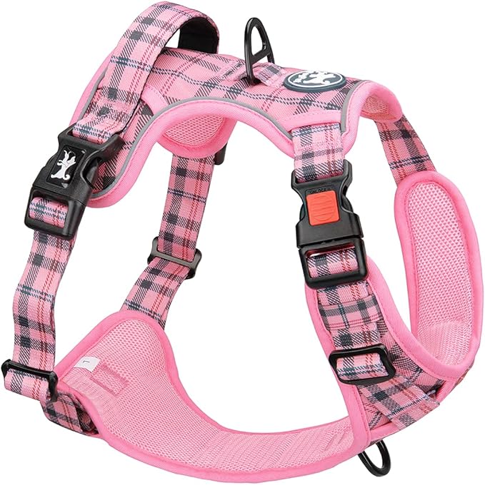 PoyPet No Pull Dog Harness, Reflective Adjustable No Choke Pet Vest with Front & Back 2 Leash Attachments, Soft Control Training Handle for Large Dogs(Checkered Pink,L)