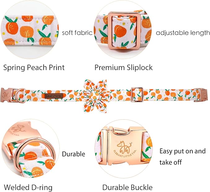 Elegant little tail Dog Collar, Adjustable Cotton Collar with Removable Flower, for Medium Dogs, 13.5-22 inches, Peach