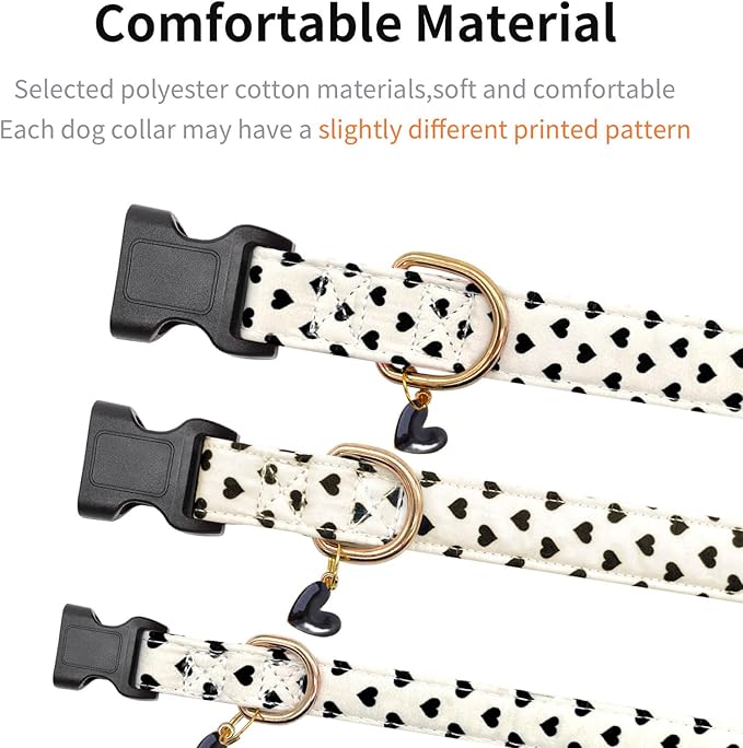 Cotton Dog Collar,Soft and Cute Puppy Collars with Hearts Patterned Design for Girl Female Boy Dogs,Adjustable Buckle Pet Collar for Small Medium Large Dogs (Beige Love Heart, S)