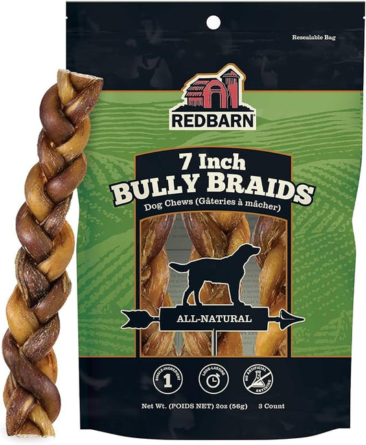 Redbarn Pet Products All-Natural 7" Braided Bully Sticks for Dogs - Premium Grain-Free & Rawhide-Free Single Ingredient Long Lasting Low Odor Dental Treat for Chewers - 3 Count