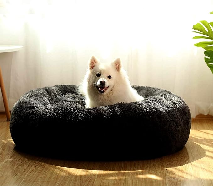 Round Dog Beds for Medium Dogs Fluffy and Soft Pet Bed Faux Fur fit 30lbs Puppy or Cats,30 Inches Black