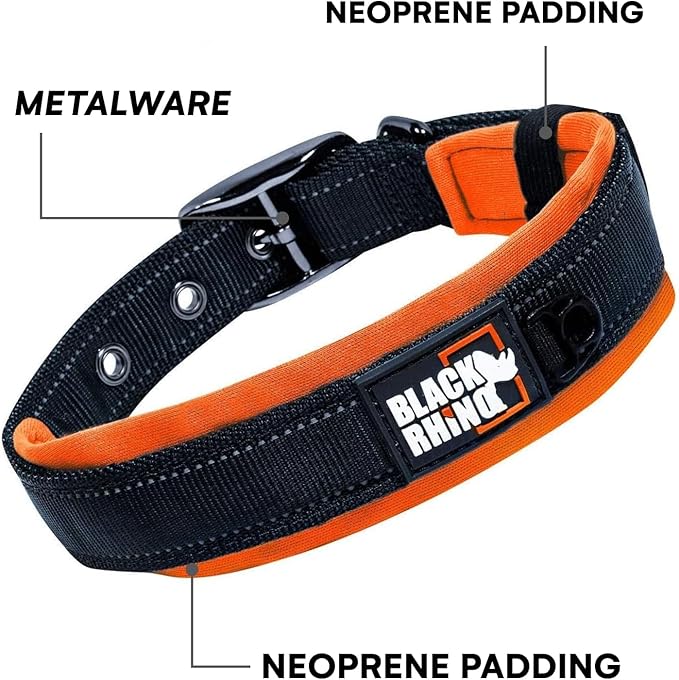 Black Rhino Dog Collar for Large Dogs - Adjustable Reflective Heavy Duty Dog Collars with Ultra-Soft Neoprene Padding - Weatherproof, Durable, and Comfortable for Active Dogs - Orange and Black
