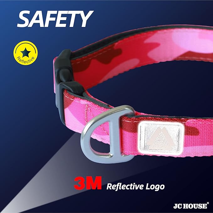 Soft Padded Dog Collar, Neck 12’’-20’’, Adjustable Heavy Duty Collar with 3M Reflective Logo for Medium, Large Dogs, Camo Pink, Medium